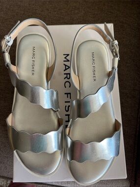 Marc Fisher Metallic Silver Wavy-Strap Slingback Sandals